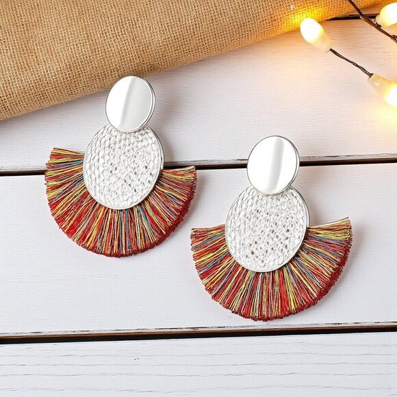 Boho Chic Rainbowโ Fan Earrings - Statement Fringe Tassel Summer Style ๐ - Picture 9 of 11